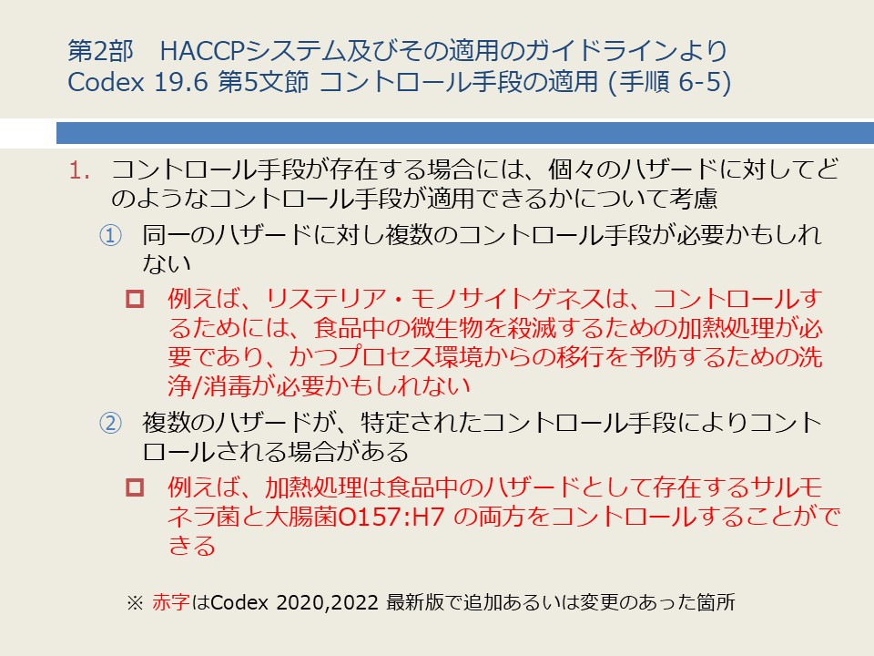 第2部　HACCPシステム及びその適用のガイドラインよりCodex 19.6 第5文節 コントロール手段の適用 (手順 6-5) 